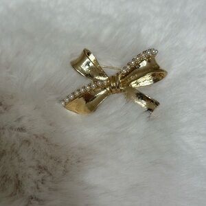 Gold Bow Brooch with Pearl Accents